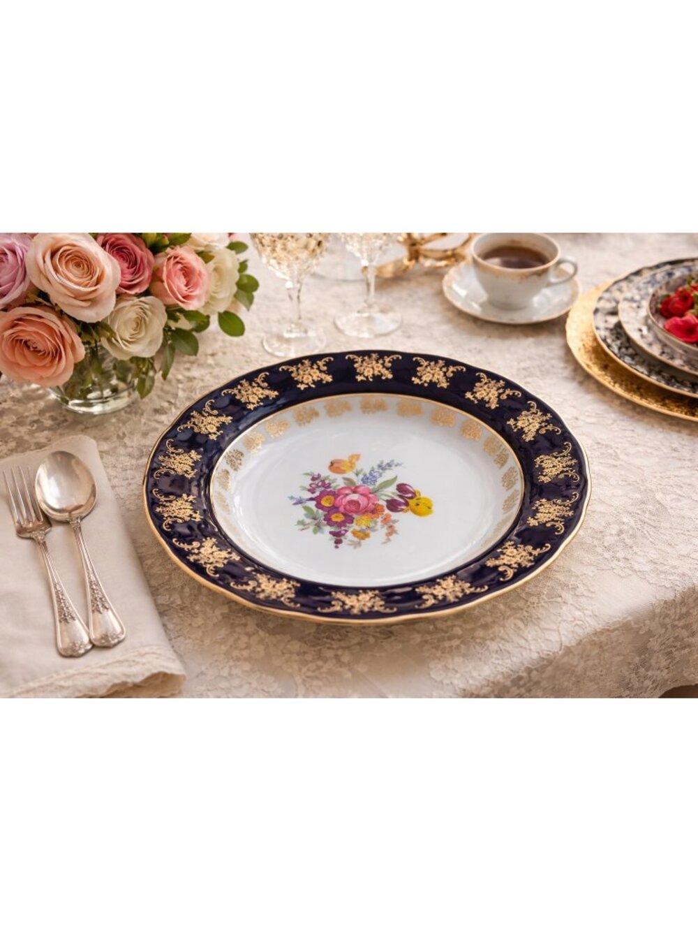 VTG Y2K A.I Czech Republic Porcelain Soup Bowl Floral Cobalt Blue Multiple